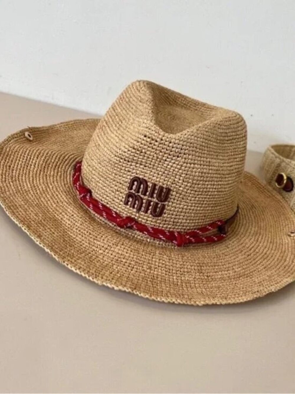 👒👒Miu Miu Logo Red Rope Straw Hat – Bohemian Summer Chic